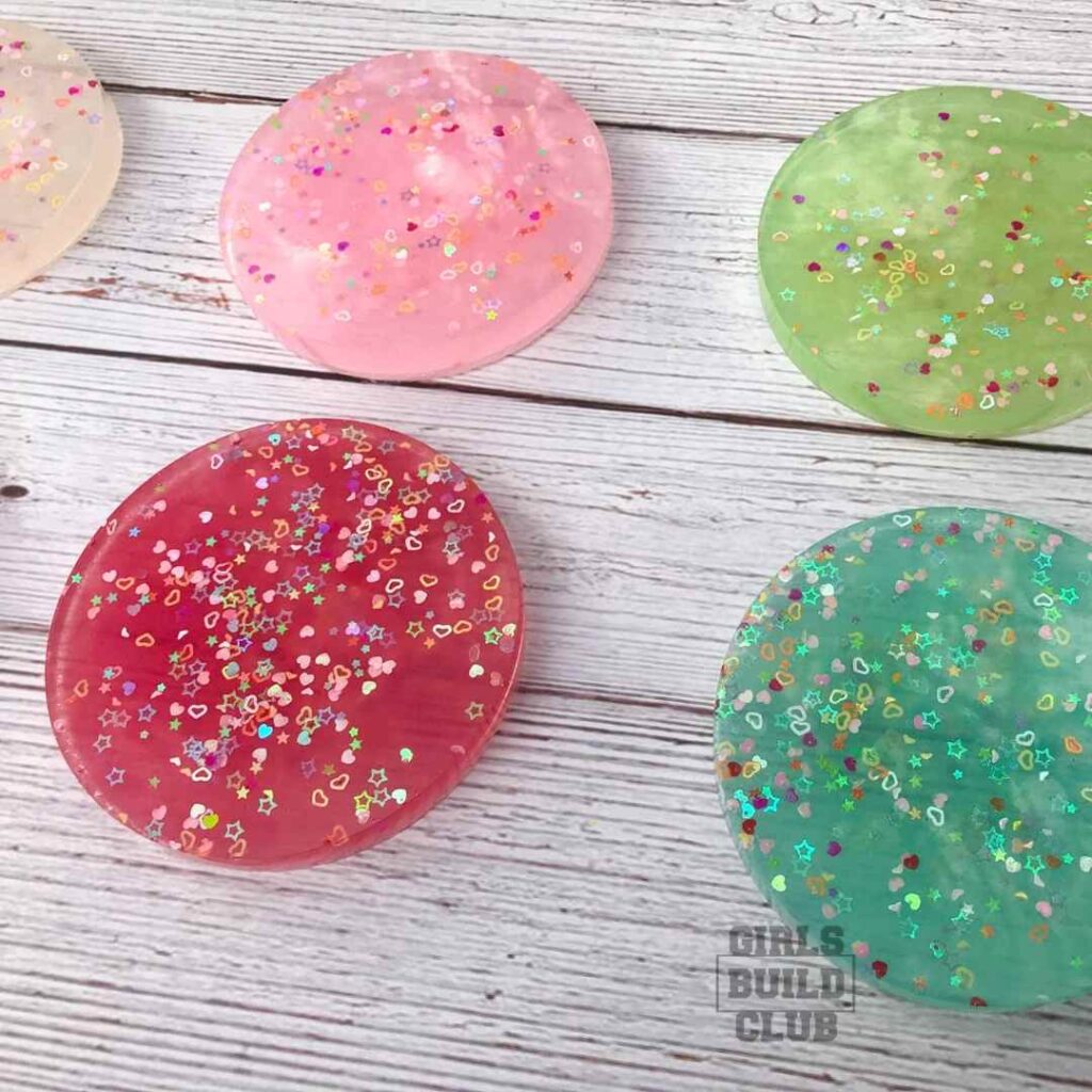 DIY Resin Valentine's Coasters with heart sprinkles